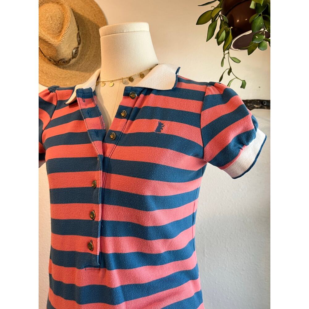 Juicy Couture Pink Blue Polo Striped Puffed Short Sleeve Shirt Size Medium USA